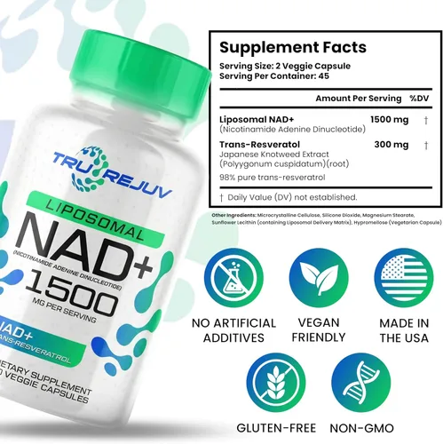 Vista 5 de Suplementos NAD+ con resveratrol 1500 mg - Suplemento alternativo liposomal Nad Plus que potencia NMNH para hombres y mujeres - Apoya la salud