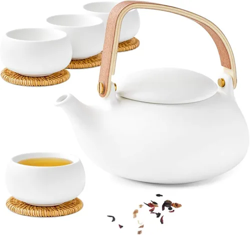 Vista 8 de Tetera ZENS con infusor, tetera de cerámica japonesa de 2 tazas para té de hojas sueltas, tetera de porcelana mate blanca pequeña de 800 ml