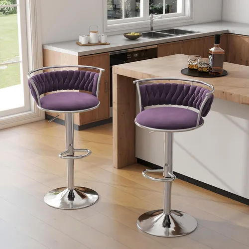 Vista 13 de Juego de 2 taburetes de bar giratorios de 360°, silla de bar de terciopelo ajustable a altura de mostrador moderna, taburete de metal plateado
