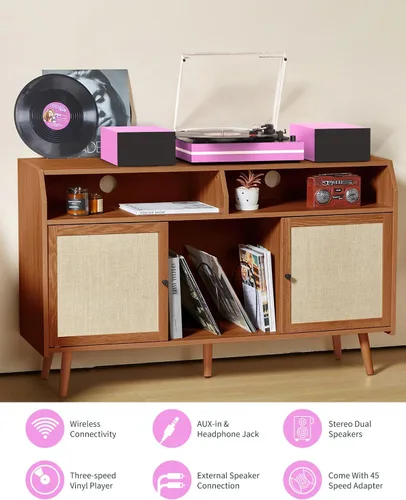Vista 5 de Reproductor de discos de vinilo con dos altavoces externos, tocadiscos de transmisión por correa para discos de vinilo, altavoces estéreo duales