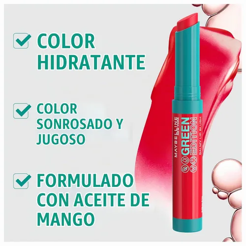 Vista 5 de Maybelline Green Edition Balmy Lip Blush, formulado con aceite de mango, Bonfire, Blue Red, 1 unidad