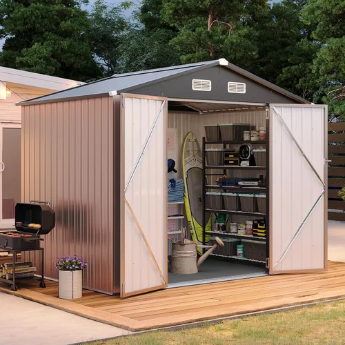 Vista 10 de Aoxun Cobertizo de 6 x 4 pies con piso de acero galvanizado resistente al aire libre con puertas dobles, diseño ventilado resistente a la intemperie