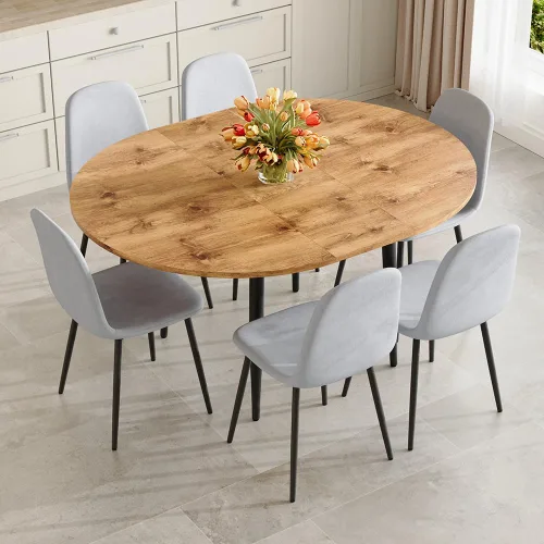 Vista 13 de FURNITO Juego de mesa de comedor de madera para 4, mesa extensible redonda a ovalada de 42 a 54 pulgadas con 4 sillas de tela, juego de comedor 4