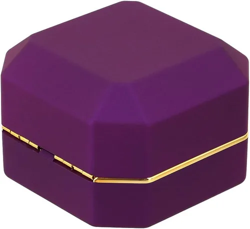 Vista 5 de Caja de anillo de compromiso de propuesta de terciopelo de forma cuadrada Caja de regalo de moneda de joyería de luz LED (morado)