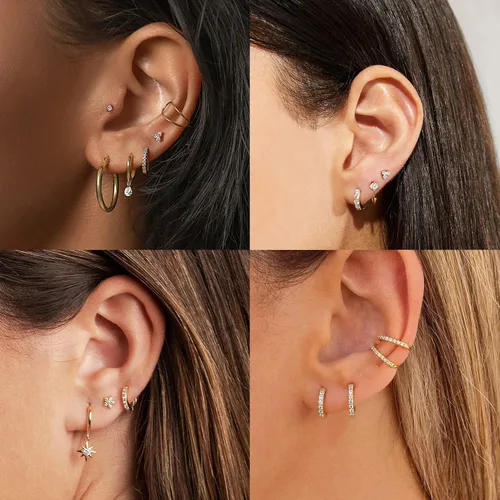 Vista 2 de Juegos de aretes de plata y oro para múltiples piercings, aretes de cartílago pequeños hipoalergénicos de plata de ley