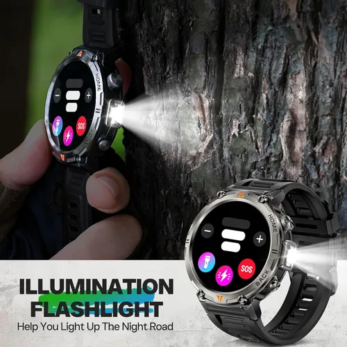Vista 5 de Reloj inteligente militar para hombre, reloj GPS con linterna, brújula 3ATM, impermeable, resistente, táctico, inteligente, Bluetooth, 1.45