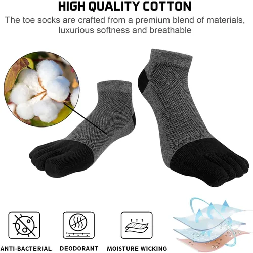 Vista 3 de Toe Socks for Men Five Finger Cotton Athletic Crew Socks No Show Breathable Running Ankle Socks 5 Pairs Size 8-12