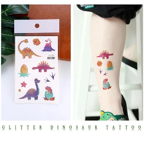 Vista 3 de Yobbai Tatuajes temporales con purpurina para niños, estilos mixtos de mariposa, panda, criatura marina, sirena y dinosaurio, tatuajes falsos