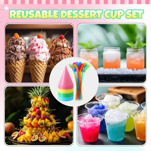 Vista 7 de FoldTier 20 tazas reutilizables de cono de nieve de 6 onzas con 20 cucharas de plástico multicolor de 9.3 pulgadas, suministros de hielo afeitado a