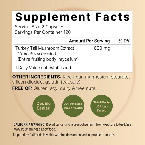 Vista 2 de NatureBell Cápsulas de extracto de hongo de cola de pavo, 600 mg por porción, 240