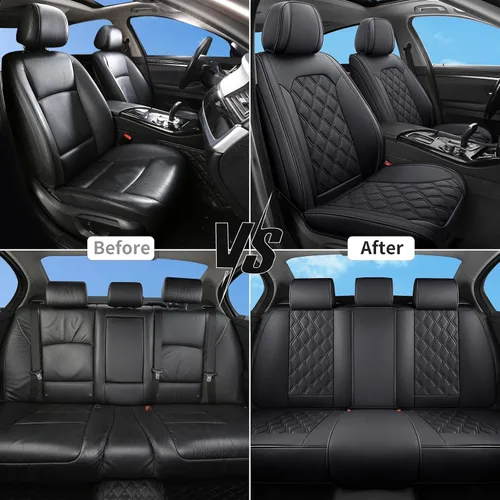 Vista 4 de Juego completo de 5 fundas de asiento de automóvil, fundas de asiento impermeables de cuero para autos, SUV, camiones, transpirables