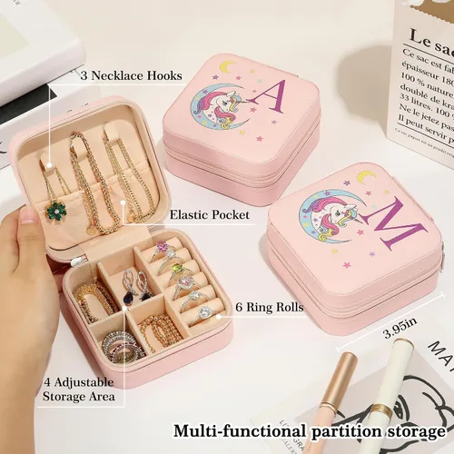 Vista 4 de Parima Joyero de regalos de unicornios para niñas, caja de joyería personalizada, regalos para hija de mamá papá, pequeña caja de joyería rosa