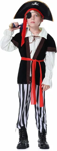 Vista 2 de Disfraz de pirata para niños con sombrero de pirata, parche de ojos, disfraz de pirata para niños, disfraz de cosplay para Halloween, fiesta