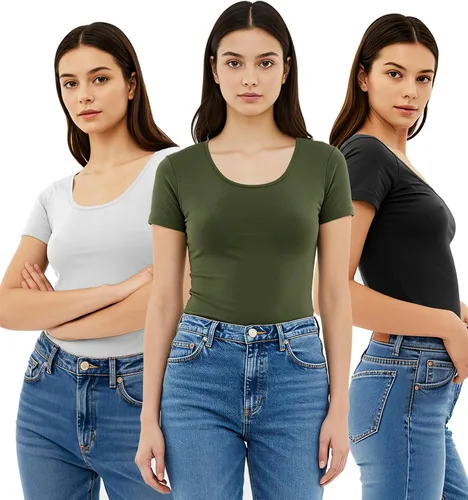 Vista 95 de Emmalise - Camiseta de manga corta para mujer, cuello redondo, estilo básico, pack de valor, tallas junior y grandes