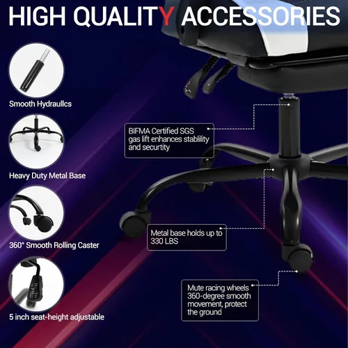 Vista 8 de Silla de juegos con reposapiés para adultos, silla de videojuegos de piel sintética con soporte lumbar de masaje para hombres y mujeres, silla