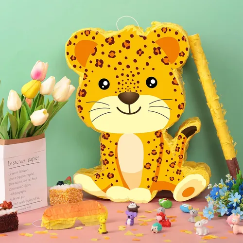 Vista 3 de Aoriher Piñata de guepardo, suministros de fiesta de leopardo con vendas y murciélagos, suministros de cumpleaños con estampado de leopardo