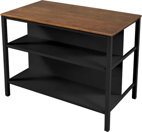 Vista 5 de Polibi Juego de isla de cocina de 3 piezas con 2 taburetes y 2 estantes, juego de mesa de comedor de madera de goma rústica con estantes abiertos