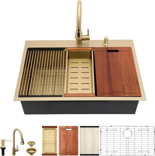 Vista 24 de Lordear - Fregadero de barra – Fregadero de barra dorado de 13 x 15 pulgadas con grifo dispensador de jabón, estación de trabajo, calibre 16 T304