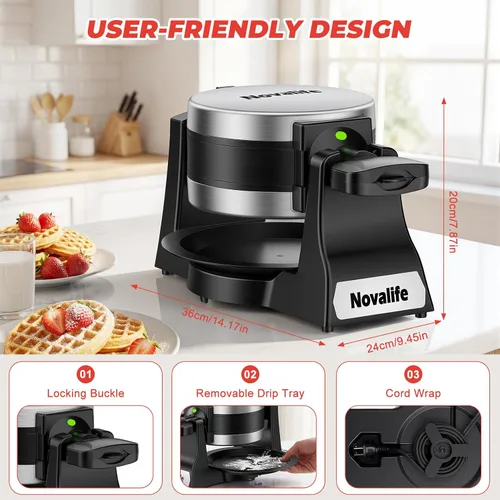 Vista 8 de Waffle Maker, 1400W Belgian Waffle Maker, Double Waffle Iron 180° Flip, 8 Slices, Rotating & Nonstick Plates, Removable Drip Tray Easy to Clean