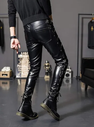 Vista 4 de Idopy Pantalones de piel sintética con cordones para hombre Rock Steampunk