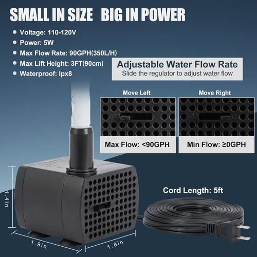 Vista 3 de Mini bomba sumergible de 90 GPH, bomba de fuente pequeña (5 W 350 L/H), bomba de agua de acuario ultra silenciosa para pecera, fuente de mesa