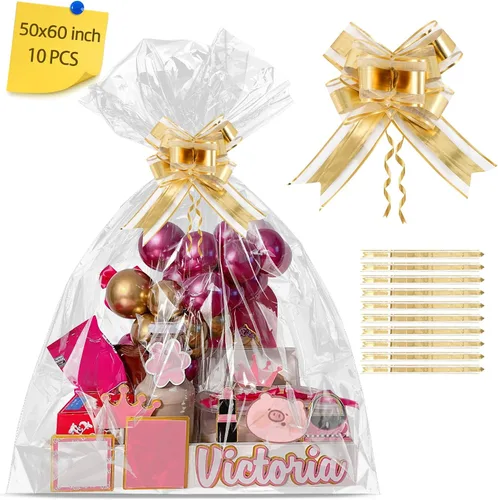 Vista 22 de 100 bolsas de celofán, bolsas de celofán transparente impresas con estrellas doradas de 3 x 5 pulgadas, 100 lazos giratorios, para envolver regalos