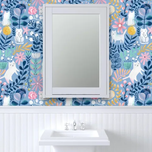 Vista 9 de Spoonflower Papel tapiz para despegar y pegar, papel tapiz extraíble personalizado de gatos de primavera con diseño de gatos florales