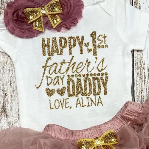 Vista 5 de Regalo personalizado para el Día del Padre, traje de bebé niña con nombre personalizado rosa y dorado opcional tutú Bloomers diadema y calentadores