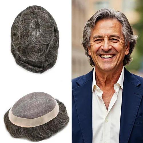 Vista 65 de Mens Toupee Hair Piece Real Human Hair Fine Mono Toupee para hombres Sistema de reemplazo de cabello para hombre Postizo Protesis Capilar Para