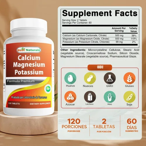 Vista 2 de Best Naturals Calcio Magnesio Potasio - 120 Tabletas - Sin OGM y Sin Gluten