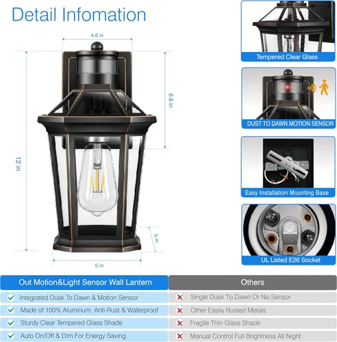 Vista 7 de VIANIS Farol de pared para exteriores con sensor de movimiento, luces de poste para exteriores del atardecer al amanecer, postes de luz negra mate