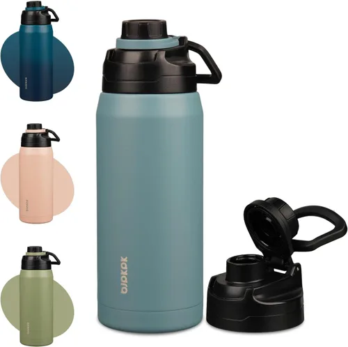 Vista 16 de BJPKPK Botella de agua aislada de 36 onzas, botellas de acero inoxidable con tapa de boquilla a prueba de fugas, jarra de agua grande de boca ancha