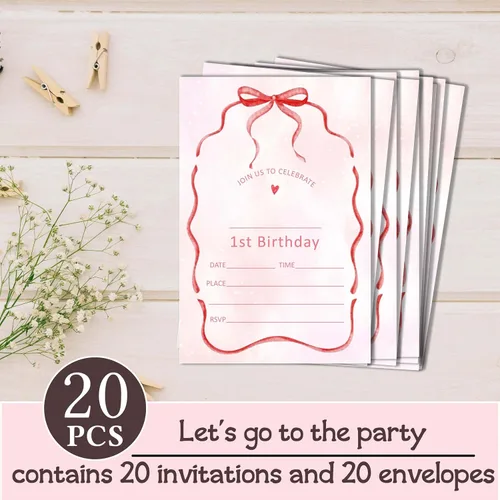 Vista 4 de ukebobo 20 invitaciones de fiesta de primer cumpleaños con lazo rosa, lindas invitaciones minimalistas de cumpleaños para niñas y niños, tarjetas