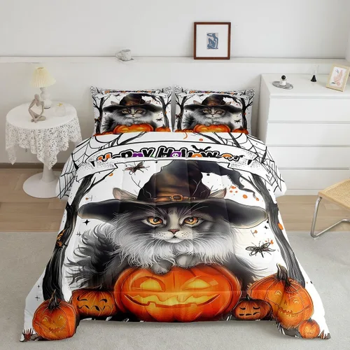 Vista 9 de Juego de ropa de cama con diseño de araña fantasma, tamaño individual, para niños y niñas, con temática de truco o trato, juego de edredón de feliz