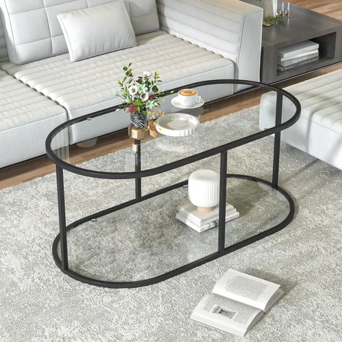 Vista 10 de Mesa de café Wolawu Mesas de café de vidrio negro para sala de estar, mesa de centro ovalada con marco de metal resistente, mesas de acento modernas