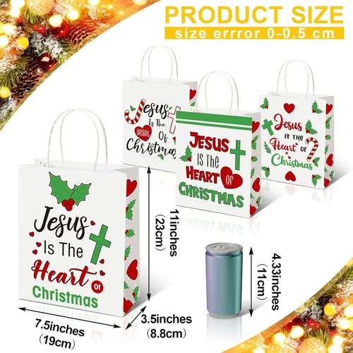 Vista 2 de Zhanmai 24 bolsas de regalo de Navidad con asas a granel, cristiano Jesús es el corazón de Navidad, bolsas con corazón, hoja de flor de pascua