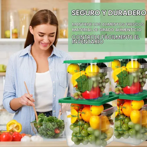 Vista 4 de Lallisa 4 recipientes transparentes de almacenamiento de alimentos de 8 cuartos y 4 cuartos con tapas asas y básculas, recipientes cuadrados de verde