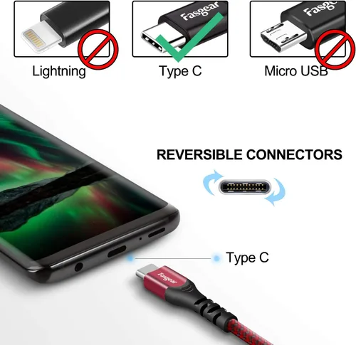 Vista 2 de Fasgear Cable USB C a USB A de 10 pies, 2 paquetes de 3 A, cable de carga trenzada tipo C de carga rápida compatible con controlador PS5/Samsung S23
