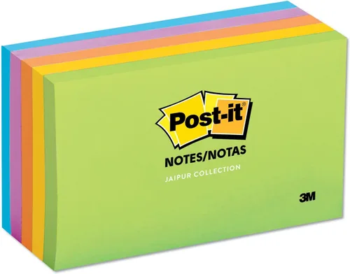 Vista 2 de 3M 6555UC Post-it Notes, 3 x 5, 100 hojas/bloc, colores Jaipur, 5 blocs por paquete