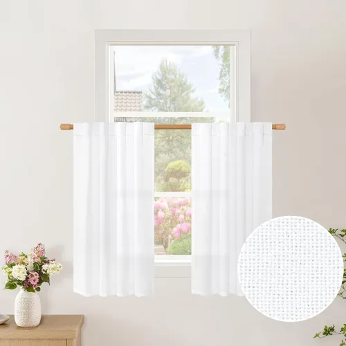 Vista 15 de BGment Cortinas cortas de lino marfil de 36 pulgadas de largo para ventanas de cocina, pequeñas cortinas texturizadas rústicas para café sobre