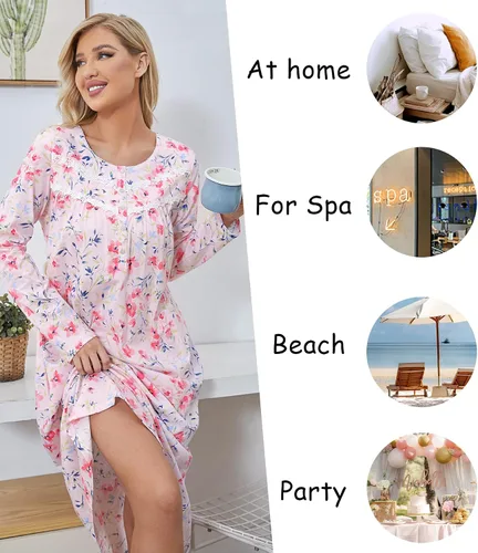 Vista 4 de IZZY + TOBY Camisones de algodón de manga larga para mujer, camisón de algodón suave para mujer, camisón largo para dormir