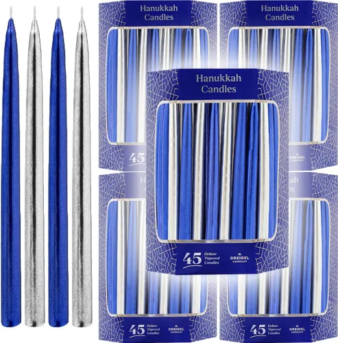 Vista 8 de The Dreidel Company - Velas metálicas azules y plateadas sin goteo de Janucá, 45 velas prémium cónicas decoradas a mano para Janucá, 1 hora