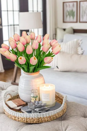 Vista 6 de 24 tulipanes rosas – Flores artificiales – Tulipanes artificiales de 13.5 pulgadas para el día de la madre, jarrón, centros de mesa, hogar, ramo