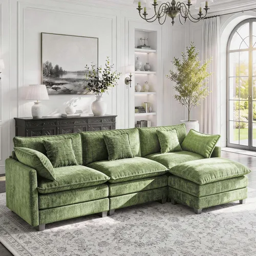 Vista 18 de LEVELEVE Sofá modular en forma de L de 112 pulgadas con 1 otomana, cama convertible de nube de asiento profundo, 3 cojines de 2 brazos, muebles Gris