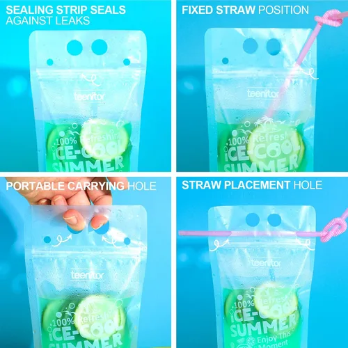Vista 6 de Teenitor 100 bolsas de bebida con pajitas, bolsas de bebidas para jugos para adultos, bolsas de bebida reutilizables para licuados de jugos, bolsas