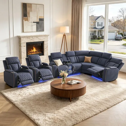 Vista 36 de Juego de sofá modular reclinable eléctrico para sala de estar, juego de sofá reclinable de cuero con luces LED / almacenamiento oculto, sofá