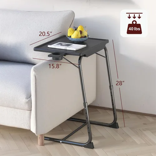 Vista 2 de Mesa con bandeja de TV, mesa de comedor ajustable para comer en el sofá con soporte para tazas, escritorio plegable con 6 ajustes de altura y 3