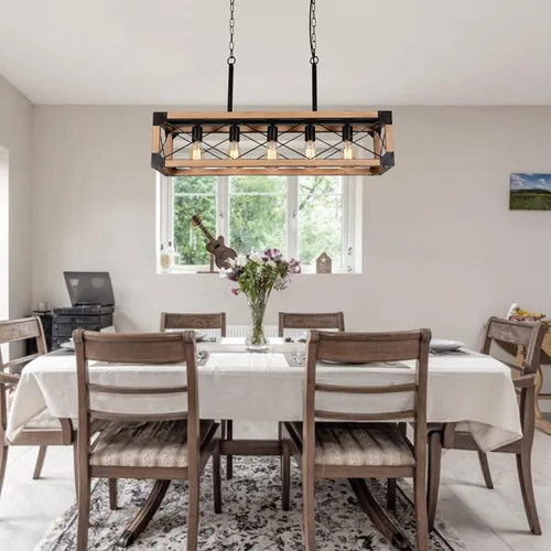 Vista 9 de Iluminación de isla de cocina, 33.5 pulgadas, 5 luces, lámpara lineal de granja para comedor, mesa de billar, lámpara colgante, acabado de grano