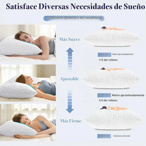 Vista 4 de Yettbea Juego de 2 almohadas ajustables de espuma viscoelástica trituradas tamaño Queen, almohada refrescante de bambú de lujo con funda lavable