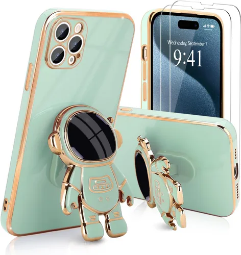 Vista 17 de Pepmune - Funda para iPhone 15 con soporte de astronauta 3D, color negro [2 Screen Protector], Luxury Electroplated Soft TPU Cover with Kickstand